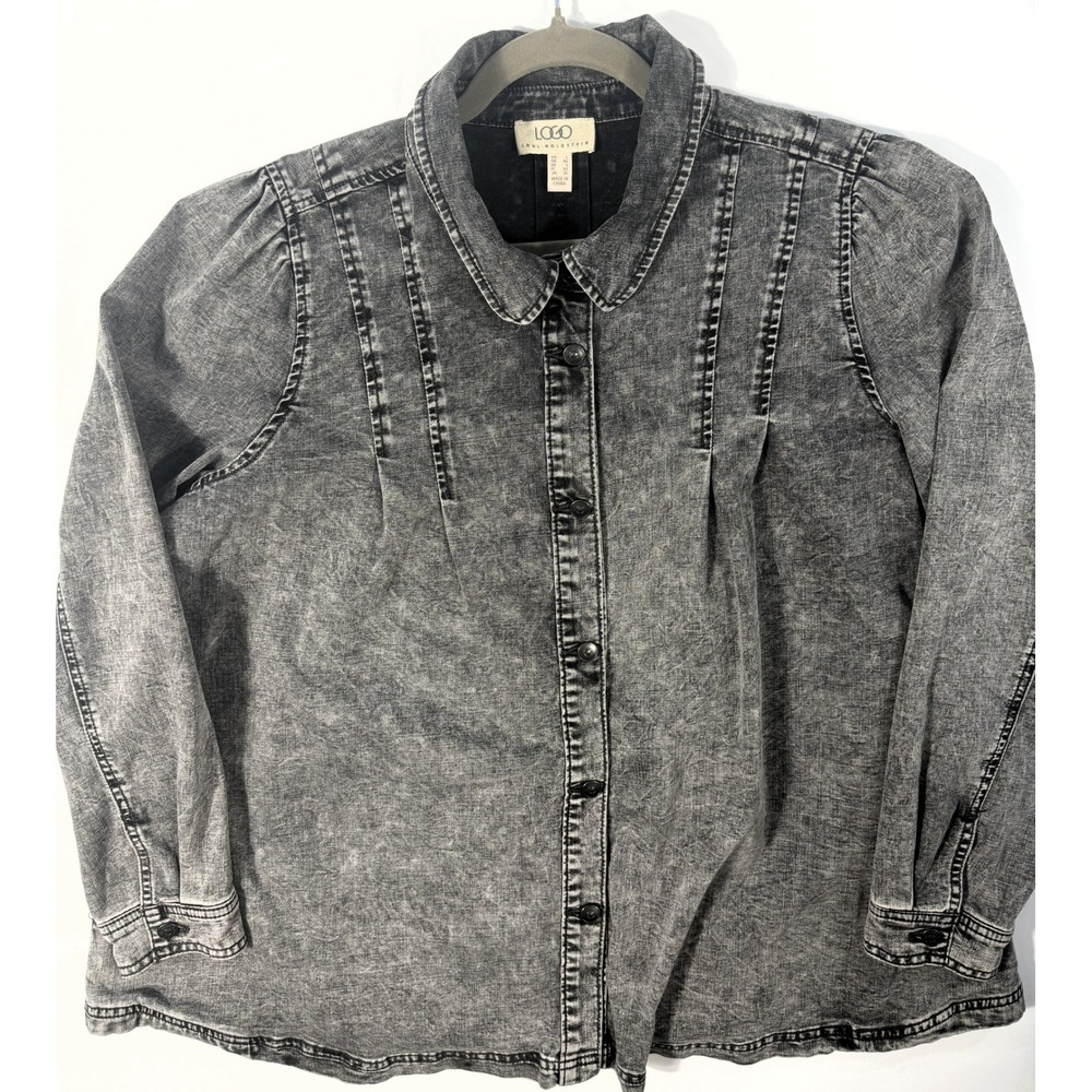 LOGO Lori Goldstein Clarabelle Denim Shirt Jacket Womens L Gray Acid Wash